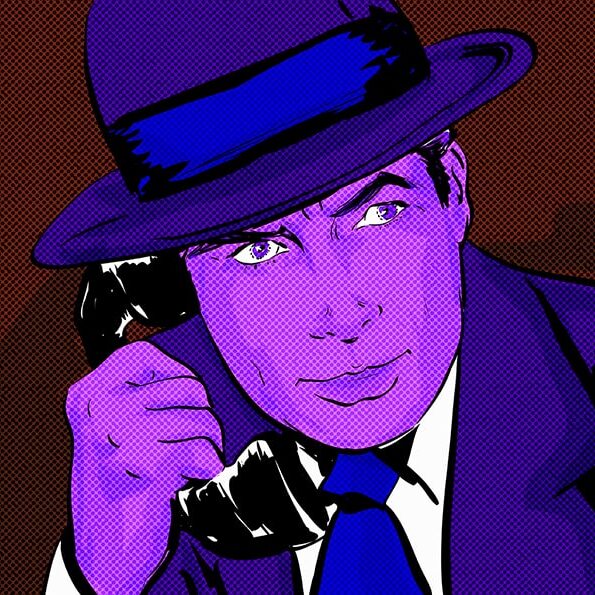 pop art homme chapeau vintage années 50 téléphone, détective